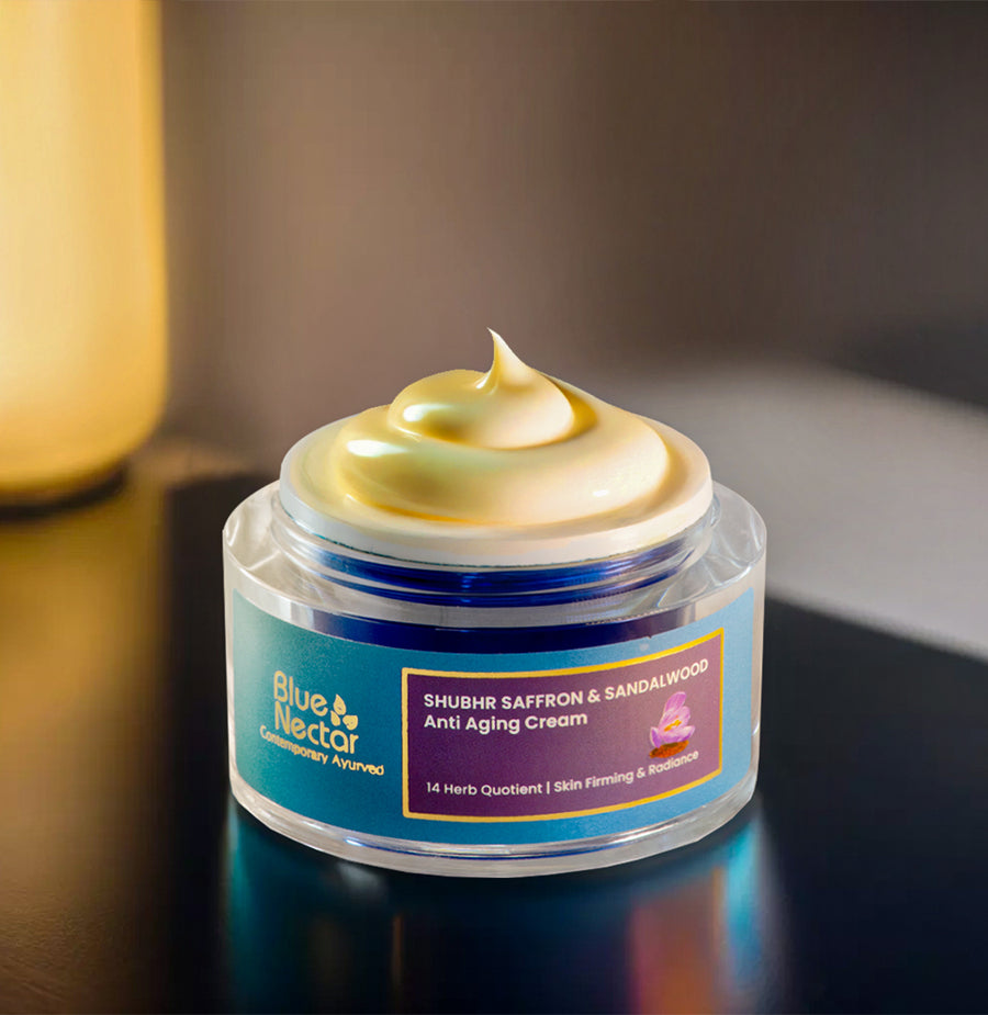 Blue Nectar Saffron & Sandalwood Anti Aging Cream with rich, whipped texture for firm, radiant skin.