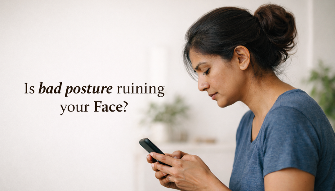 A woman with slouched posture looking down at her phone, showing neck strain and forward head position, alongside text asking whether bad posture is ruining facial appearance.
