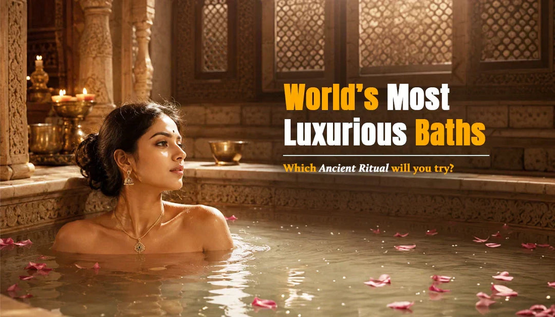 A woman relaxes in an ornate, ancient-style bath surrounded by stone columns and candlelight. Pink petals float on the water's surface. Text reads, World's Most Luxurious Baths.