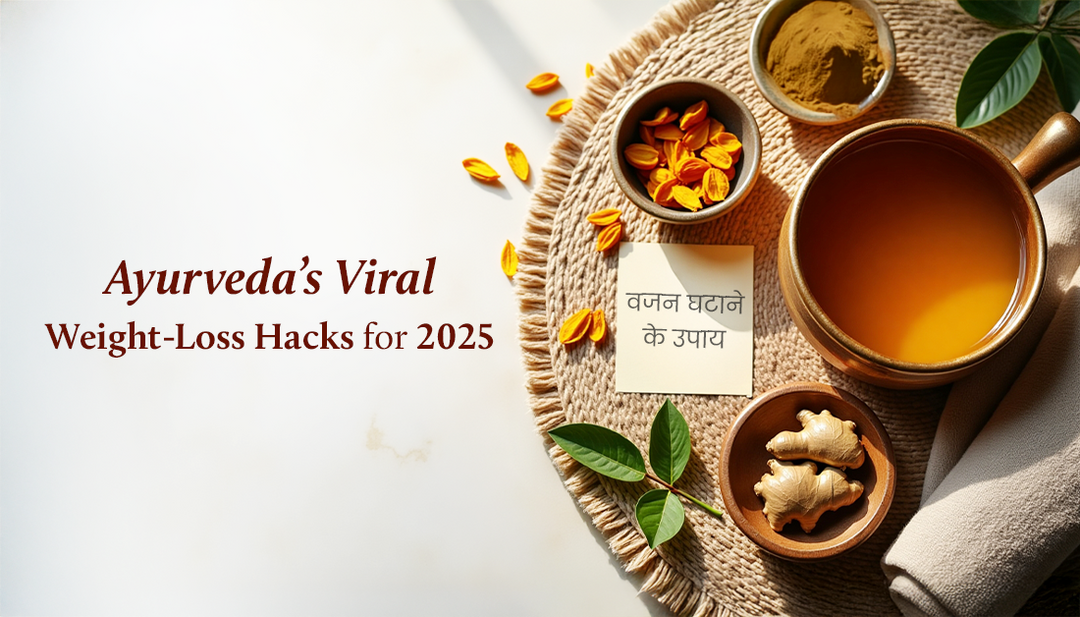 A bowl of ghee, triphala powder, a bowl of ginger, and flower petals arranged with a towel and leaves on a light brown table mat.