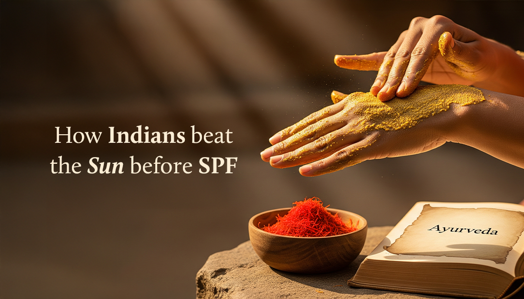 A lady is applying ubtan on her left hand using her right hand, with a bowl of saffron placed below her. An open Ayurveda book lies nearby, displaying ancient Ayurvedic text