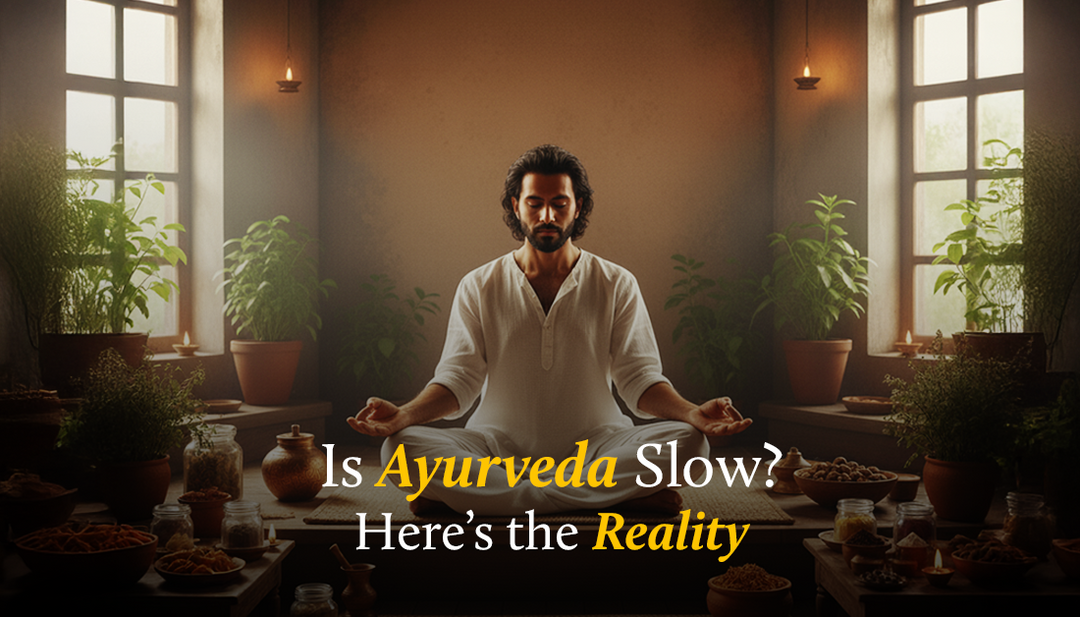 men is sitting in meditation and all the natural ingredients are places near by him 