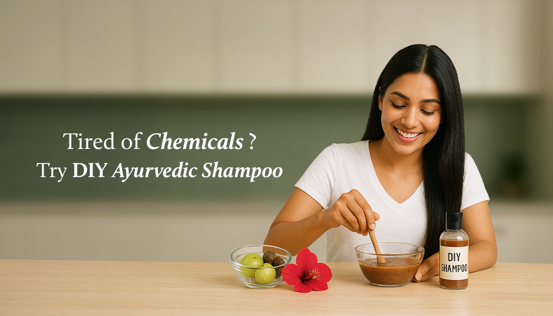 A lady mixes her DIY Ayurvedic hair shampoo in the kitchen, with amla, hibiscus, and a bottle of Ayurvedic shampoo beside her.