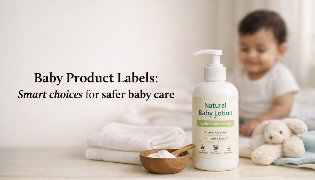 A baby product is placed on the table alongside a wooden bowl and spoon filled with white powder. A towel and a teddy sit nearby, while in the background, a smiling baby in blue is visible behind the bottle.