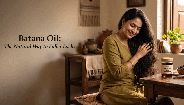 An Indian woman with long, healthy black hair gently runs her hand through her hair while smiling in a cozy, naturally lit room. A jar of Batana Oil sits on a wooden table beside her, with rustic home décor in the background.