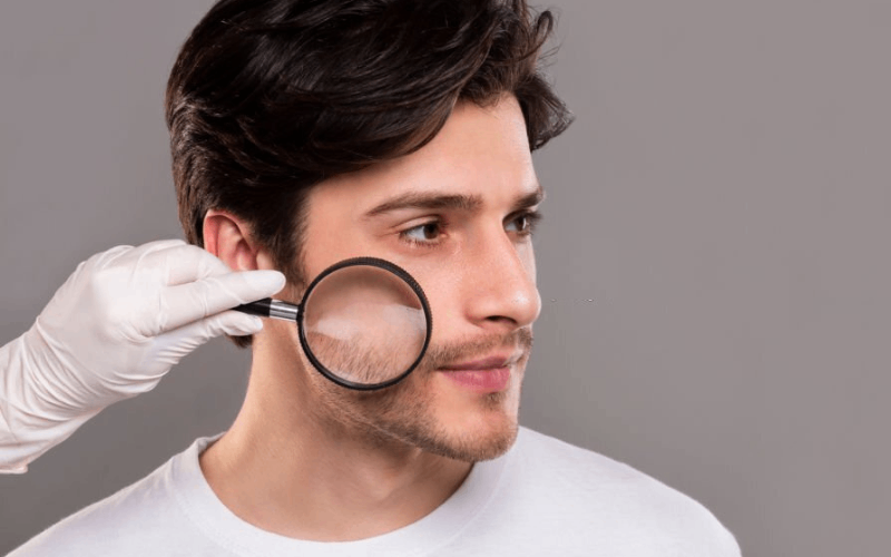 somebody is watching through magnifying glass to men skin 