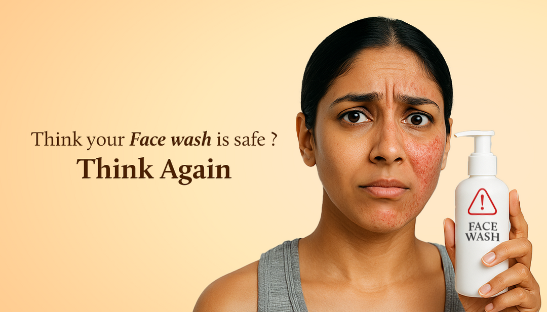 A woman holds a face wash bottle with a warning symbol, looking concerned. The left side of her face shows acne and irritation, while the right side appears clear and healthy.