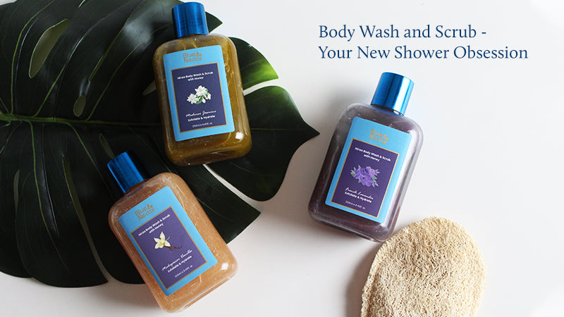 Blue Nectar body wash and body scrub with loofah and leaf 