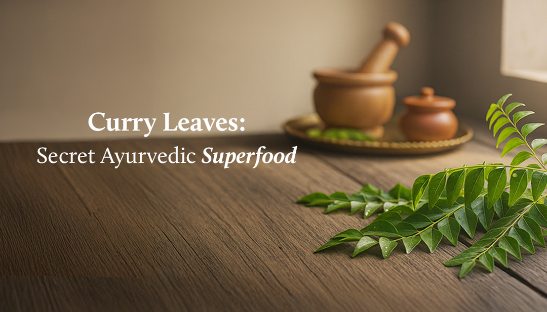 Curry leaves are placed on the right side, next to an Ayurvedic bowl, with an herbal bowl beside it on the placemat, and a window letting in soft natural light from the side.
