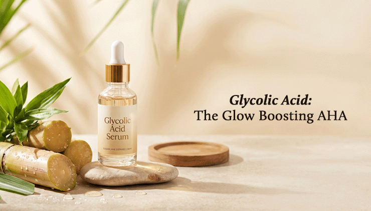 Glycolic Acid Serum in a glass dropper bottle sits among citrus slices and green leaves on a sunlit stone surface; text calls it a glow-boosting AHA.