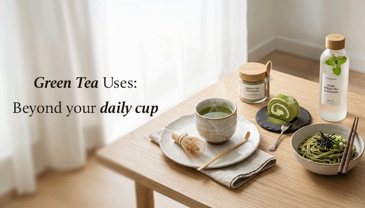 A serene table setting with green tea items, including a cup, jar, cake roll, noodles, and a bottle, implying diverse uses for green tea. Text reads: "Green Tea Uses: Beyond your daily cup."