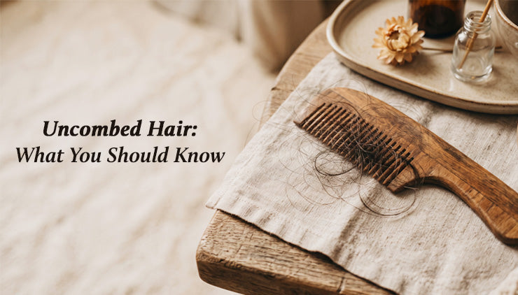 Rustic beauty flat lay with a wooden comb tangled in loose hair on linen, beside a tray and dried flower; title reads “Uncombed Hair: What You Should Know.”