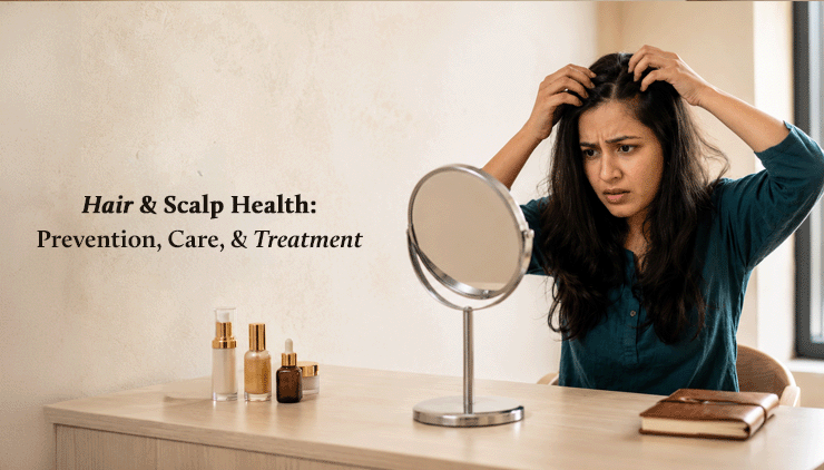 A woman sits at a desk looking into a tabletop mirror while parting her hair and examining her scalp with a worried expression. Hair care products are placed on the desk beside her. 