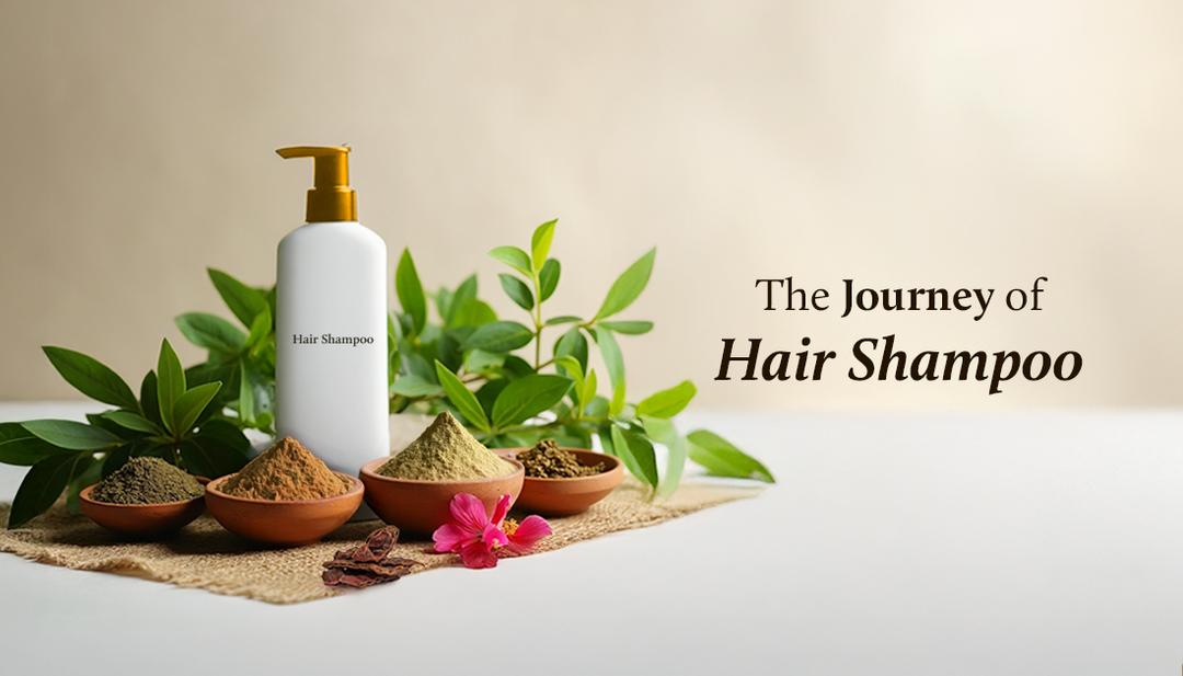 Hair shampoo placed alongside natural herbs and powders on a table, surrounded by green leaves, hibiscus flowers