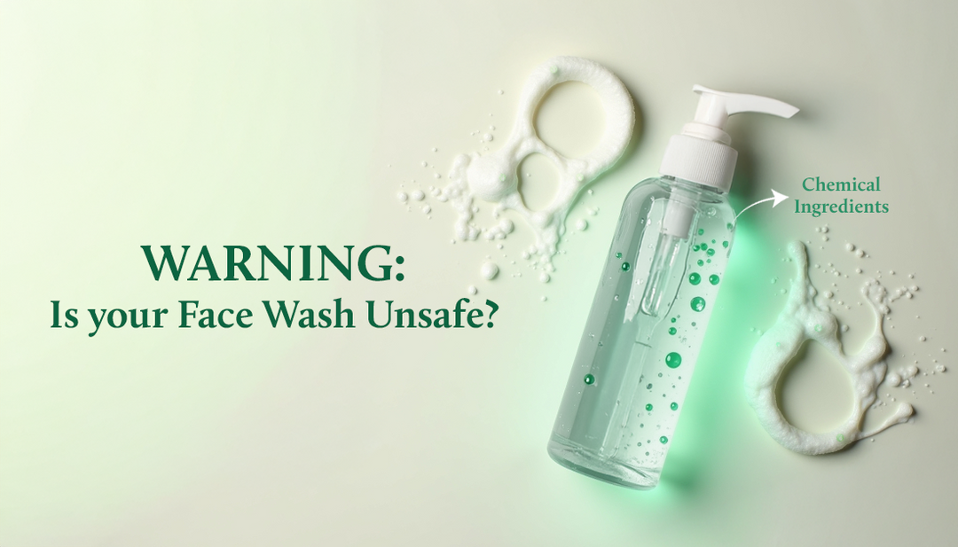 A face wash bottle placed on a white table with foam on both sides and light green bubbles mixed in.