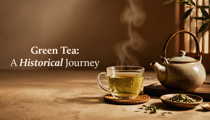 A steaming glass of green tea, a teapot, and tea leaves on a table, with the text "Green Tea: A Historical Journey." The scene is warm and serene.