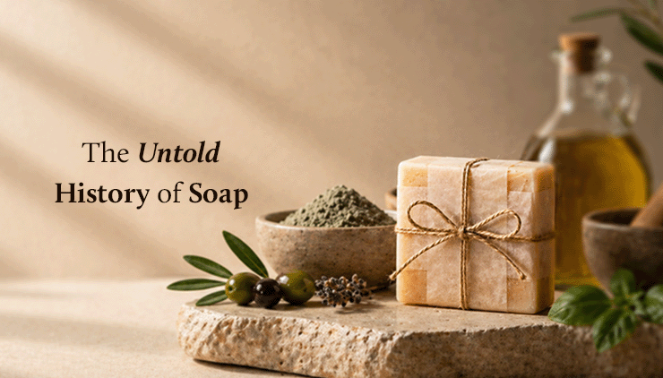 A bar of soap tied with twine sits on a stone slab alongside a bowl of green powder, olives, and oil. Text reads, "The Untold History of Soap."