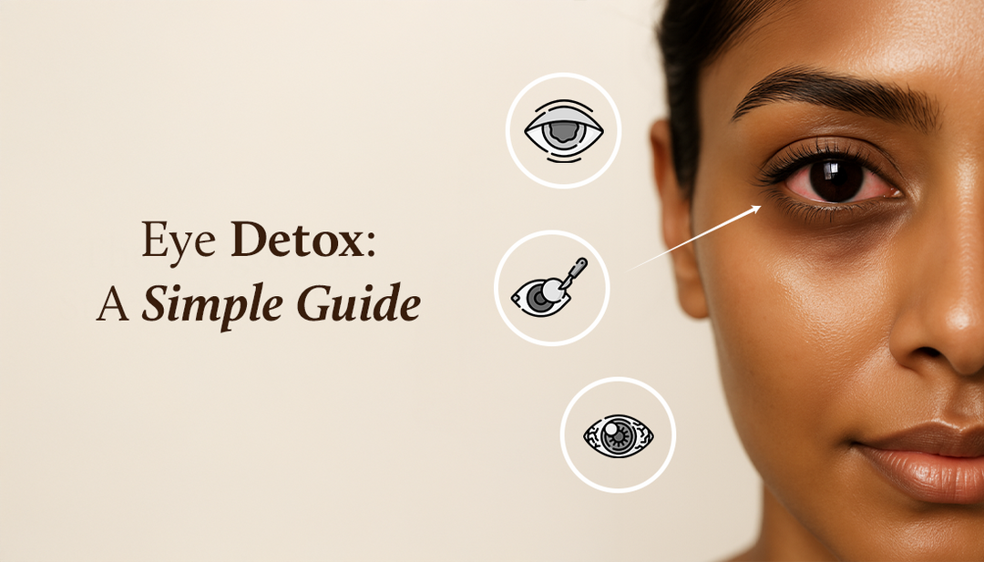 A woman is standing in front, with only half of her face visible. Her eyes appear red, and icons around her illustrate the possible symptoms.