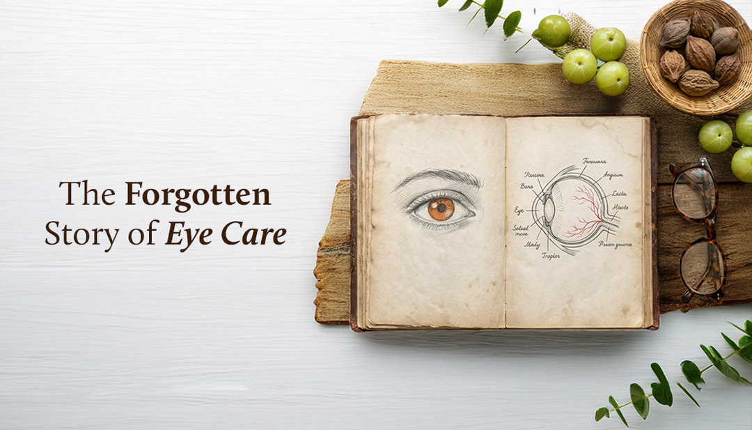 An old book lies open on a wooden tray, showing a hand-drawn eye and its anatomy, surrounded by herbs on the table.