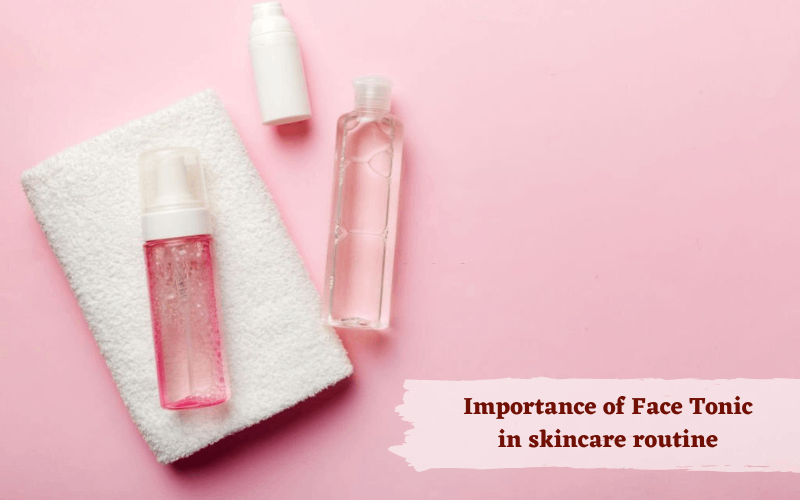 rose water, vetiver face tonic and white towel are on pink background 