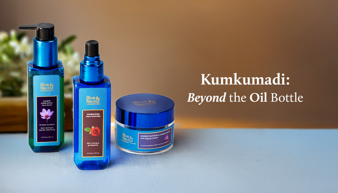 Kumkumadi face wash, rose water toner, and night cream are on table