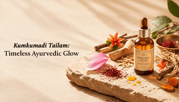 Kumkumadi Tailam Ayurvedic skincare banner: amber dropper bottle on a stone slab with saffron, pink petals, herbs and spices in warm golden light.