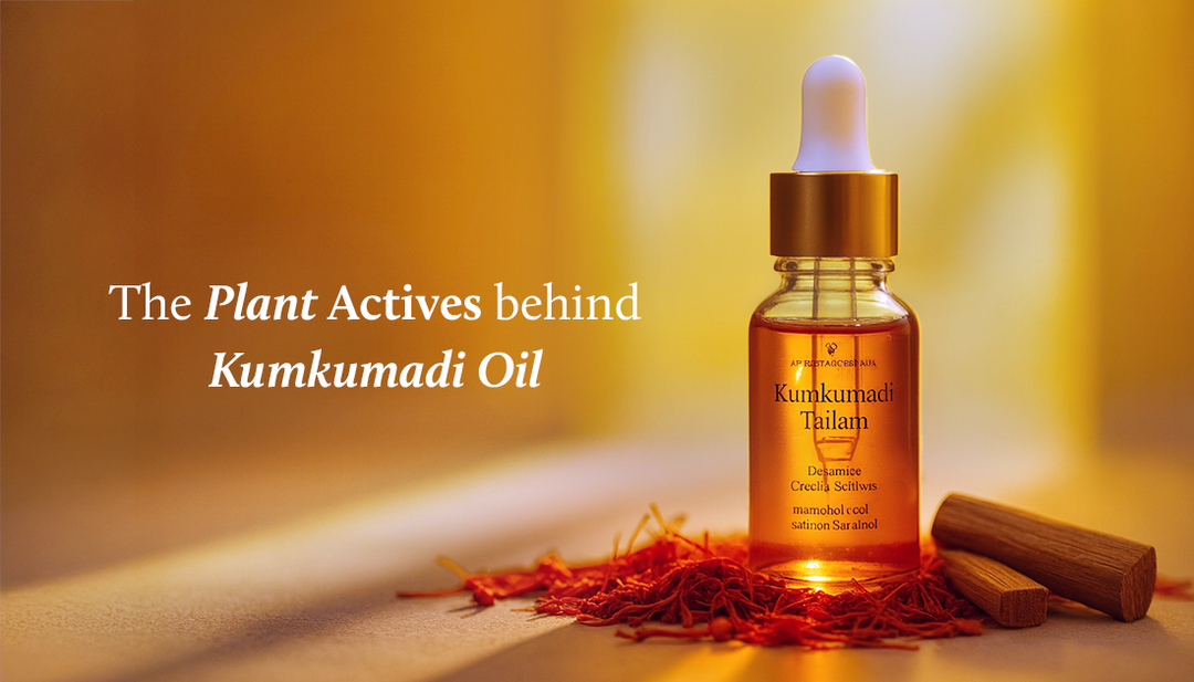 Kumkumadi Tailam bottle with saffron, sandalwood & sun rays behind it