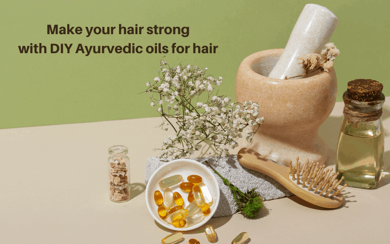 Ayurvedic herbs are placed on white table for making DIY ayurvedic oils for hair