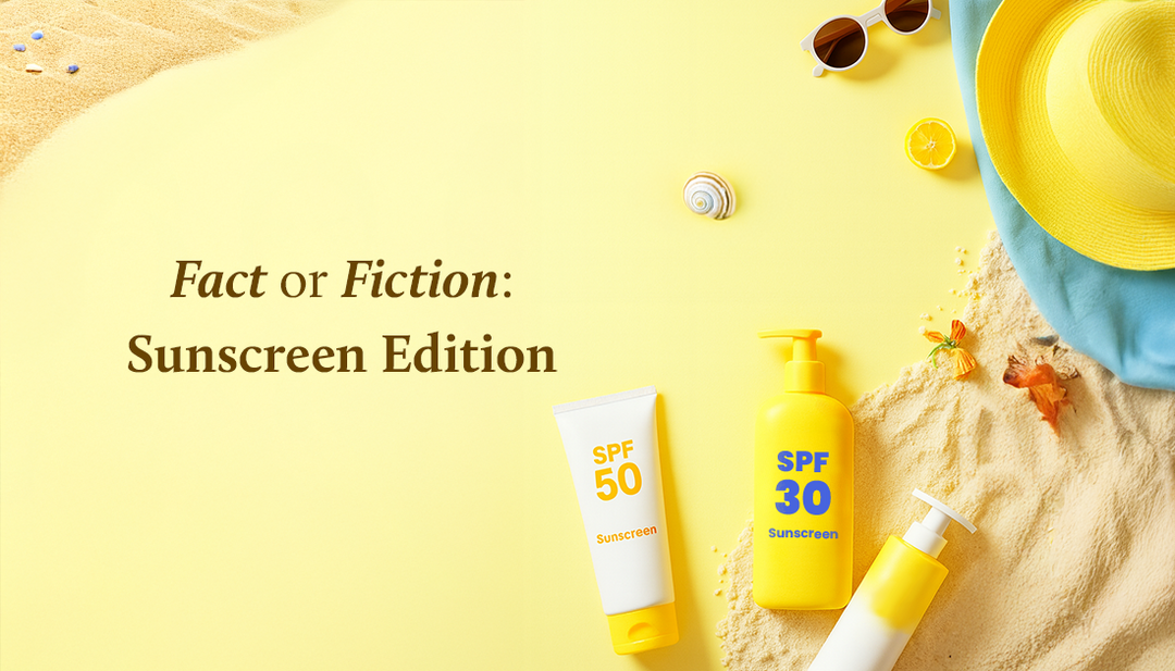 SPF 30, SPF 50, and sunscreen lotion displayed alongside a hat, sunglasses, lemon, and sand. 