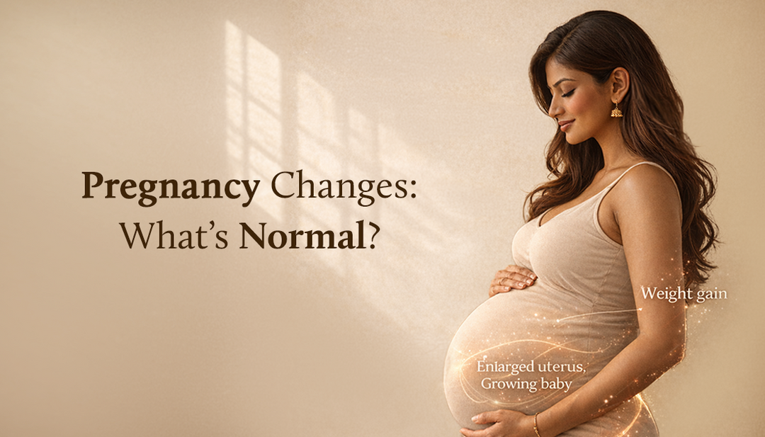 Pregnant woman in profile, smiling and cradling her belly, with text overlay: "Pregnancy Changes: What’s Normal?" and labels "Weight gain", "Enlarged uterus, Growing baby". Warm, serene tone.