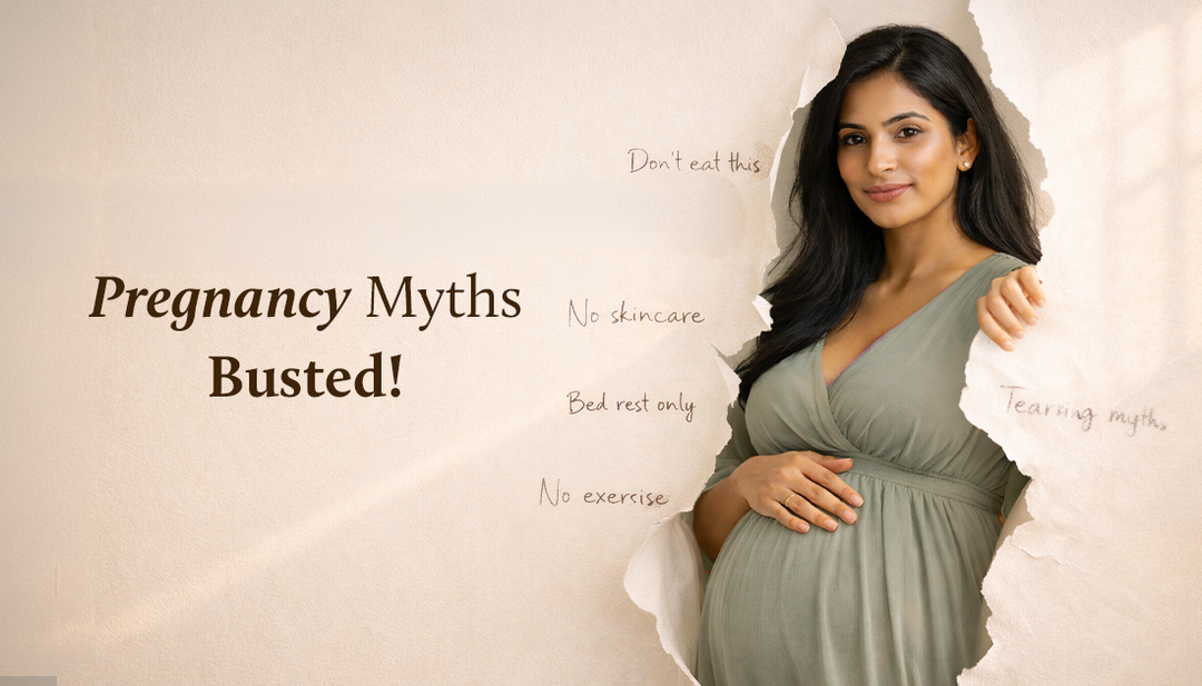 A woman is standing, holding a torn paper in front of her with various myths written on it, while her other hand rests on her baby bump.