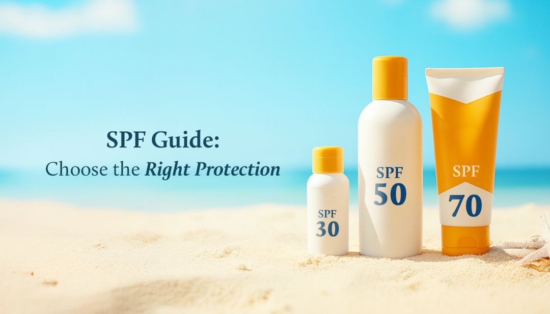 SPF 30, 50, and 70 sunscreen bottles placed on sand with a beach view and clear blue sky.