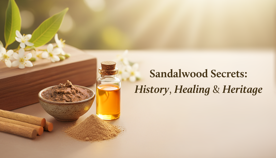 A bottle of sandalwood oil, a bowl of paste, powder, and a stick are arranged on a table, with sun rays streaming in and flowers around, while sandalwood pieces rest nearby.
