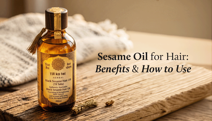 A bottle of black sesame hair oil sits on a wooden surface with a textured cloth in the background. Text reads, “Sesame Oil for Hair: Benefits & How to Use.”