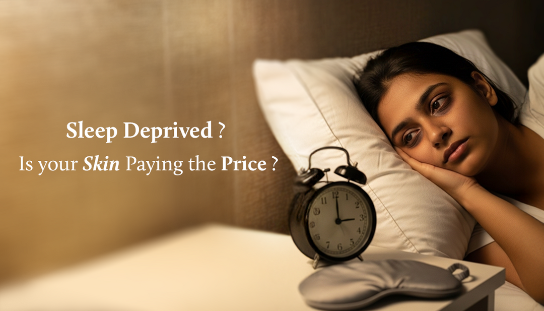 A lady is lying on the bed with her head resting on her hand and pillow. She has visible dark circles under her eyes. Beside her, there’s a clock on the table with a sleep mask placed on it