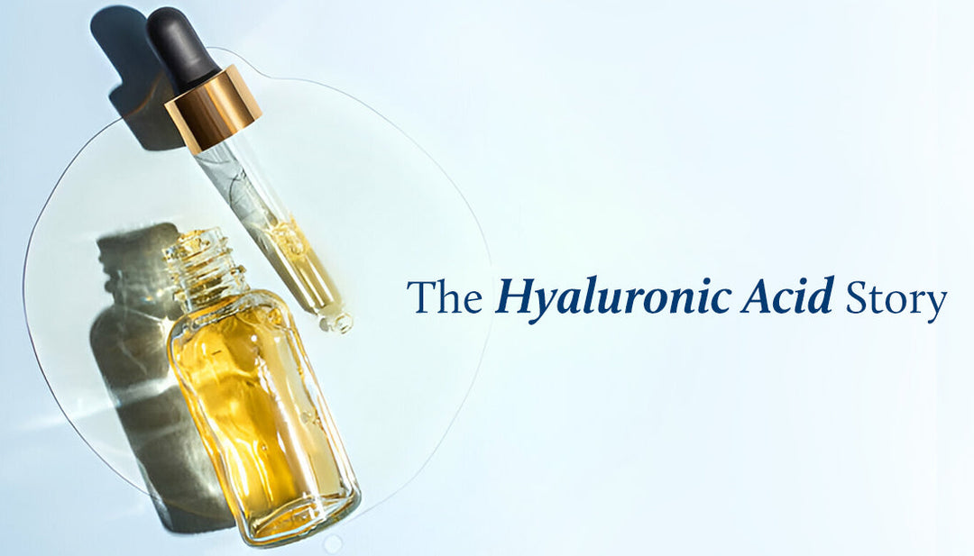 Hyaluronic acid serum bottle and dropper on a light blue background with the text “The Hyaluronic Acid Story