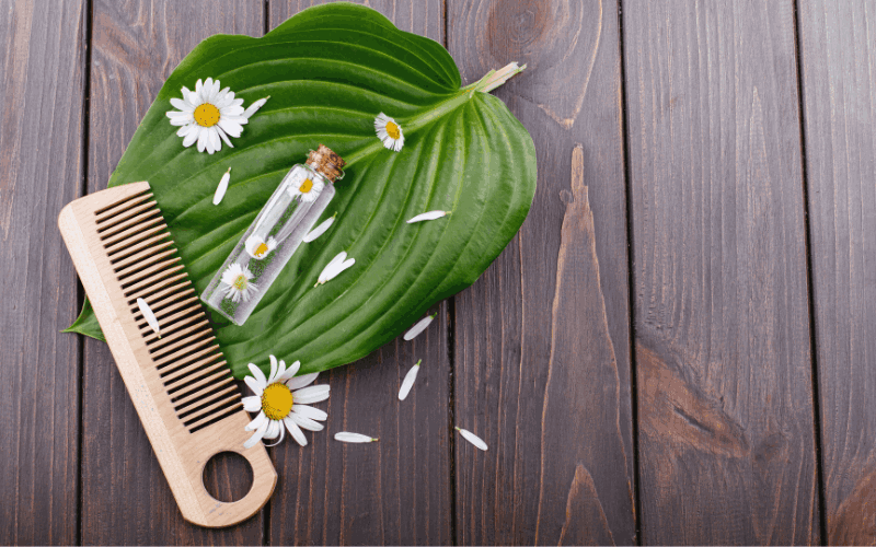 comb, leave and hair oil bottle is placed on wooden table
