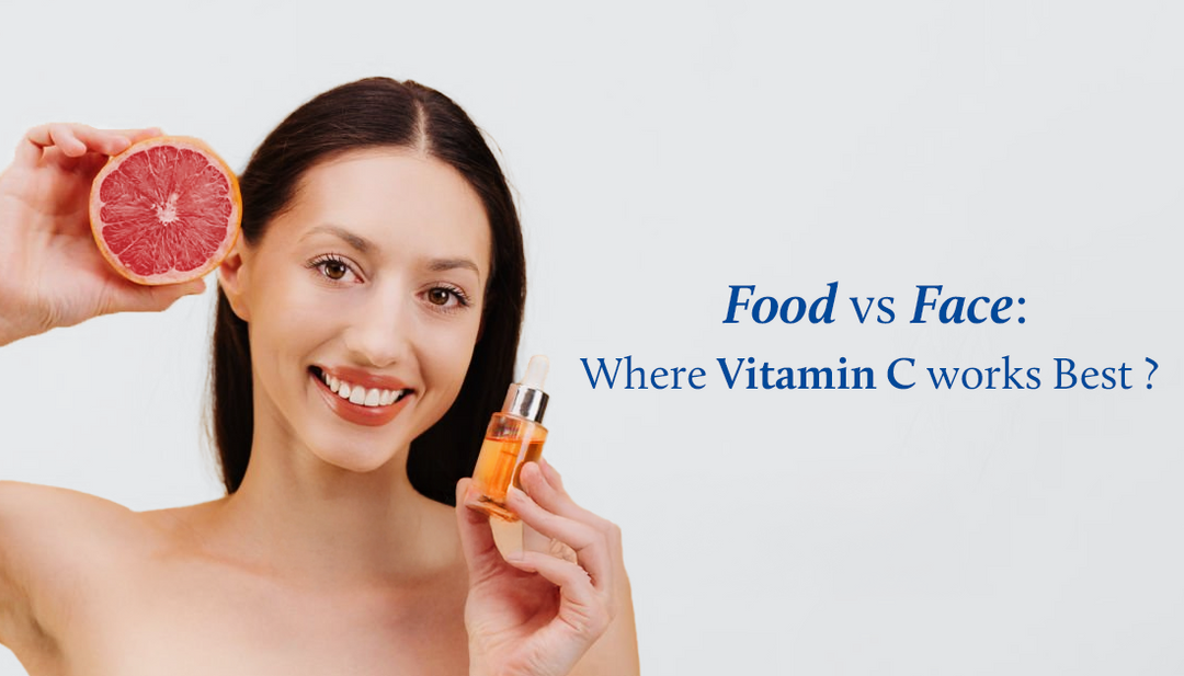 A smiling woman holds an orange in one hand and a bottle of Vitamin C serum in the other, radiating natural glow and confidence.