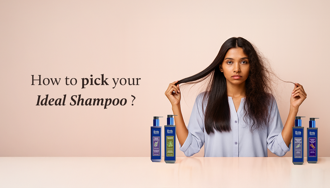 Woman holding smooth hair in her right hand and frizzy hair in her left, looking unhappy, with Blue Nectar shampoo bottles on the table.