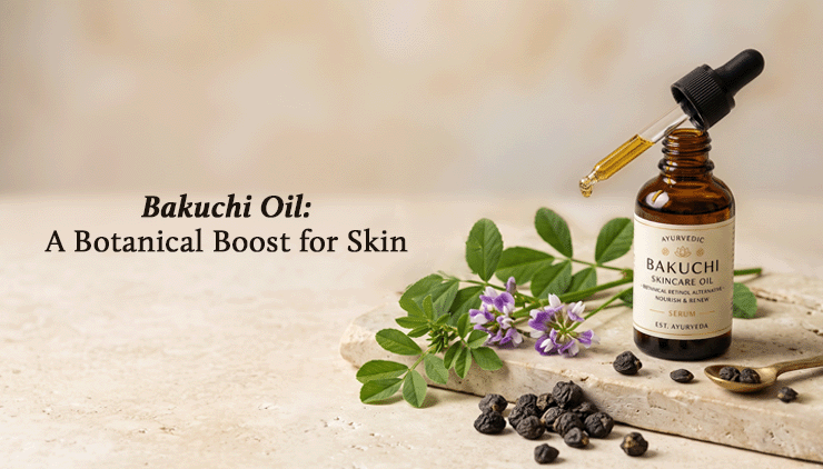 A brown glass bottle of Bakuchi skincare oil with a dropper, next to fresh green leaves, purple flowers, and seeds on a stone surface, text included.