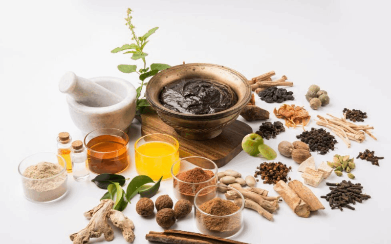 Anti aging herbs are on white table 