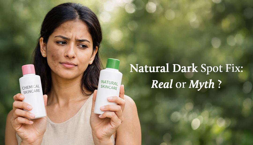 A woman with visible dark spots on her face looks confused while holding two skincare bottles—one labeled “chemical skincare” and the other “natural skincare” 