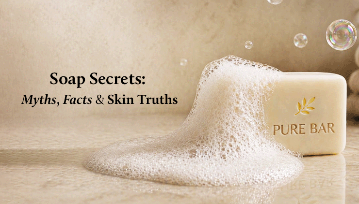 Bar of soap labeled "Pure Bar" with thick frothy bubbles. Text reads, "Soap Secrets: Myths, Facts & Skin Truths." Elegant and fresh tone.