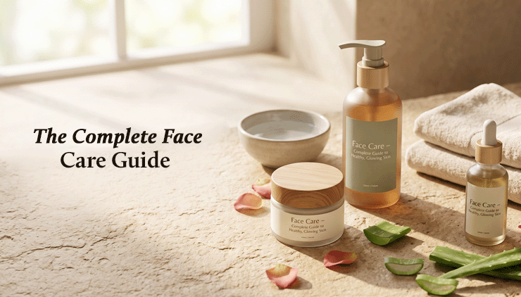 A skincare still life with Face Care cleanser, cream and serum, aloe leaves and rose petals beside “The Complete Face Care Guide.”