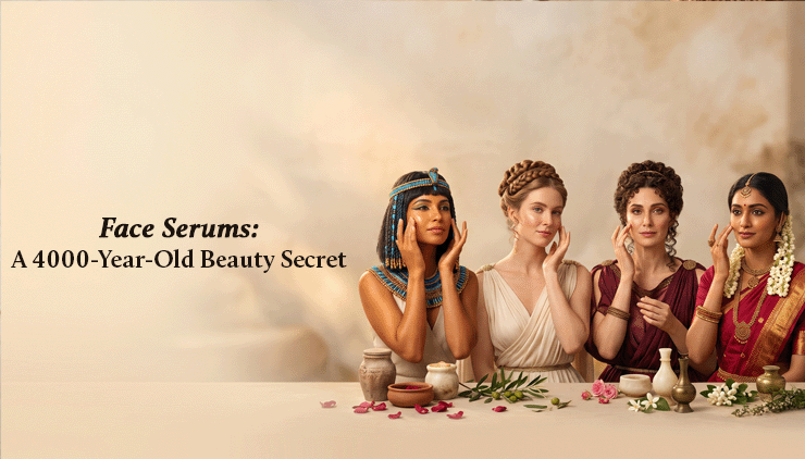 Four women in ancient-inspired dress pose with bowls of herbs and oils; headline: “Face Serums: A 4000-Year-Old Beauty Secret,” warm, timeless tone.