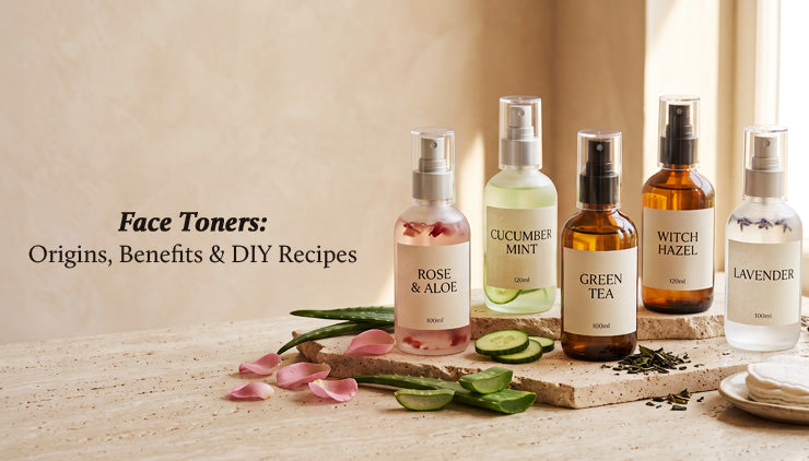 A row of homemade facial toner bottles -rose and aloe, cucumber mint, green tea, witch hazel, and lavender—sits among herbs and petals. Text introduces benefits and DIY recipes.