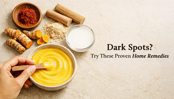 A hand stirs a bowl of yellow paste, surrounded by turmeric, powder, saffron, and a bowl of milk. Text reads: "Dark Spots? Try These Proven Home Remedies.