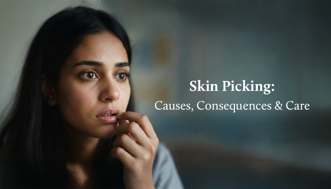 girl is in trauma and trying to pick her lip skin