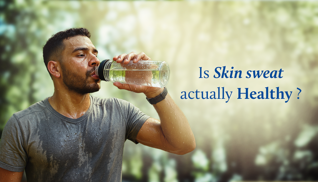 The man is drinking water, sweat dripping down his face, chest, and hands.