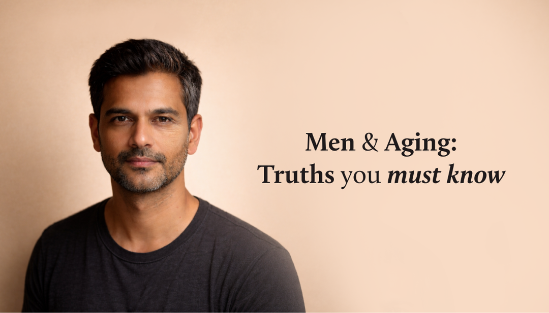 A man facing straight toward the camera, with one side of his face showing visible fine lines and signs of aging, while the other side appears firm, smooth, and youthful—clearly highlighting the contrast between aged and healthy-looking skin.